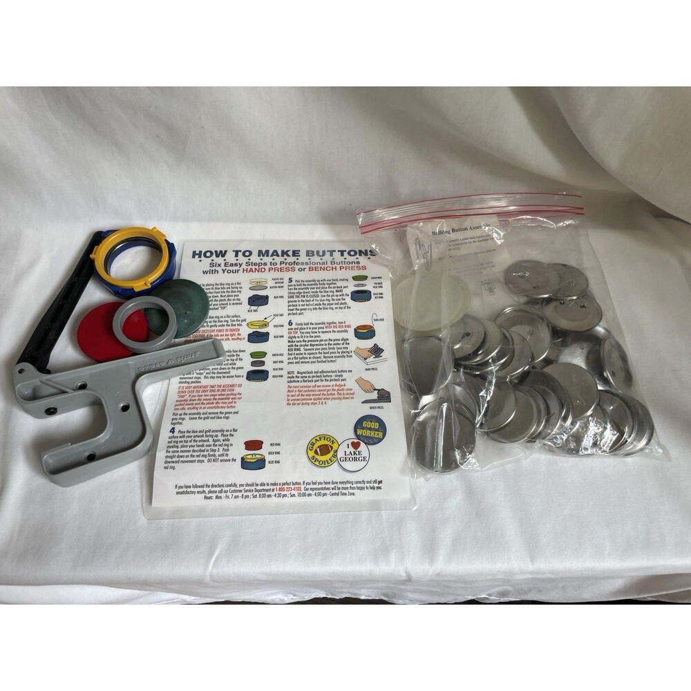 BADGE-A-MINIT BUTTON MAKER Hand Press & Supplies w/ Catalog. Vintage 80's.